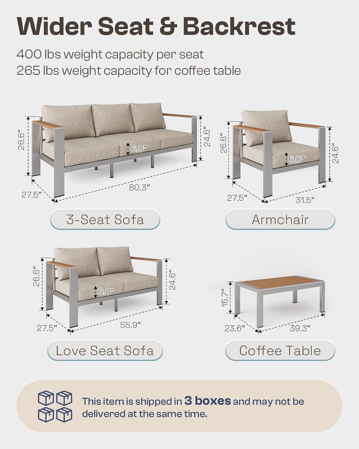 Aluminum Outdoor Patio Furniture Loveseat, All-Weather Outdoor Patio Sofa with Washable Thick Cushion, Patio Sofa Couch for Porch, Balcony, Deck, Yard, Silver