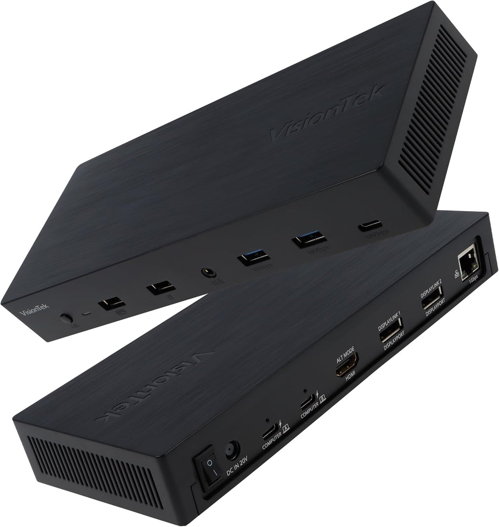 VisionTek VT4950 USB-C DisplayLink Docking Station with KVM Switch for Dual Laptops - Hybrid Workstation Triple Monitor Dock with HDMI & DisplayPort, 100W Laptop Charging for Windows and macOS