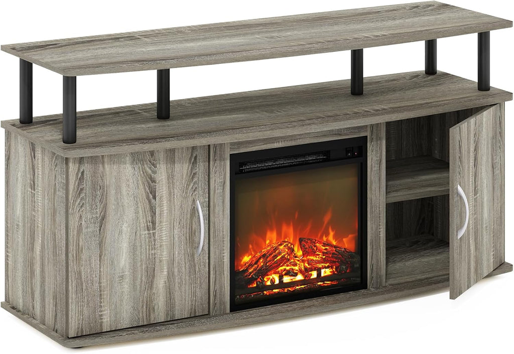 Furinno Jensen Fireplace TV Stand, Entertainment Center, TV Console for TV up to 55 Inch with Fireplace and Doors Storage Cabinet, for Living Room, Bedroom, French Oak Grey