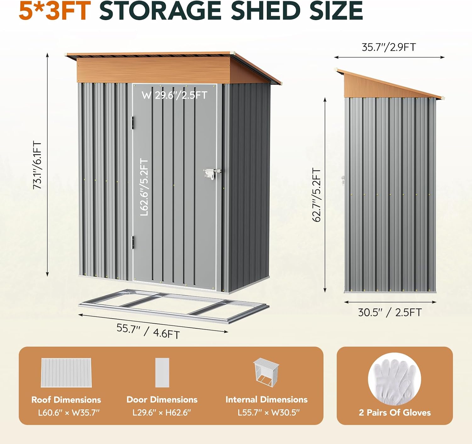 Verdeluxe 5x3FT Multi-Used Shed & Outdoor Storage Shed with Floor Frame, Lockable Doors, Compact Metal Tool Shed for Garden, Backyard, Patio, Utility, and Various Storage(Matte Gray)