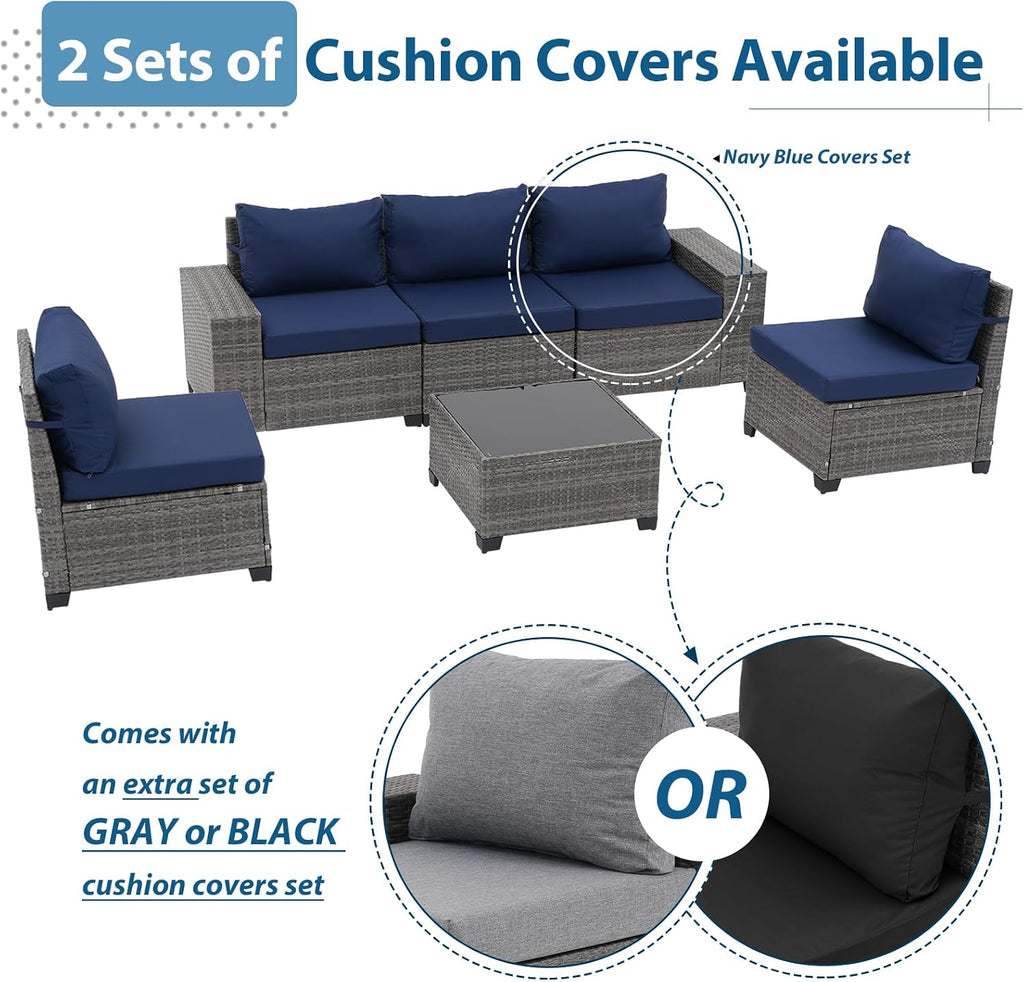 JOIVI 6-Piece Outdoor Patio Furniture Set, Rattan Patio Conversation Set with Coffee Table, L-shaped Wicker Outdoor Sectional Sofa Set with Wide Armrest and Cushions for Garden, Deck, Porch, Navy Blue