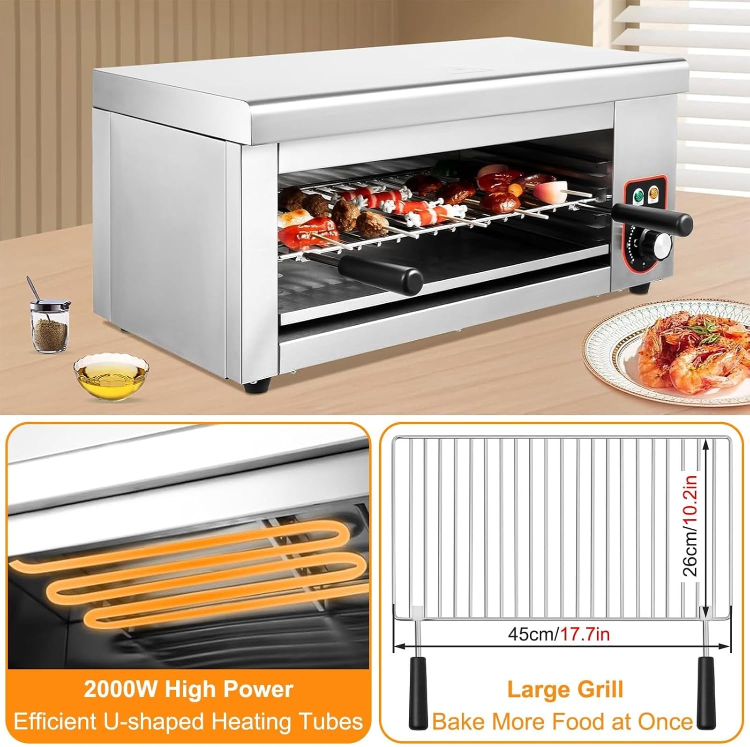 No-Smoke Electric Indoor Grill With 2000W Fast Heating - 30L Large Capacity, 4 Level Adjustable Rack System, 50-300°C Thermostat, Wall Mountable Design
