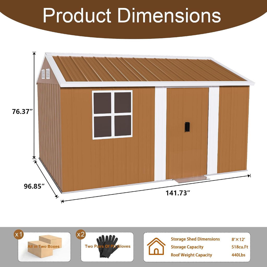 YOPTO 8X10 FT Metal Sheds & Outdoor Storage,Waterproof Large Backyard Shed House W/Windows and Sliding Door,Heavy-Duty Tool Organization with Sloped Roof & Vents,for Garden Pet House,Brown