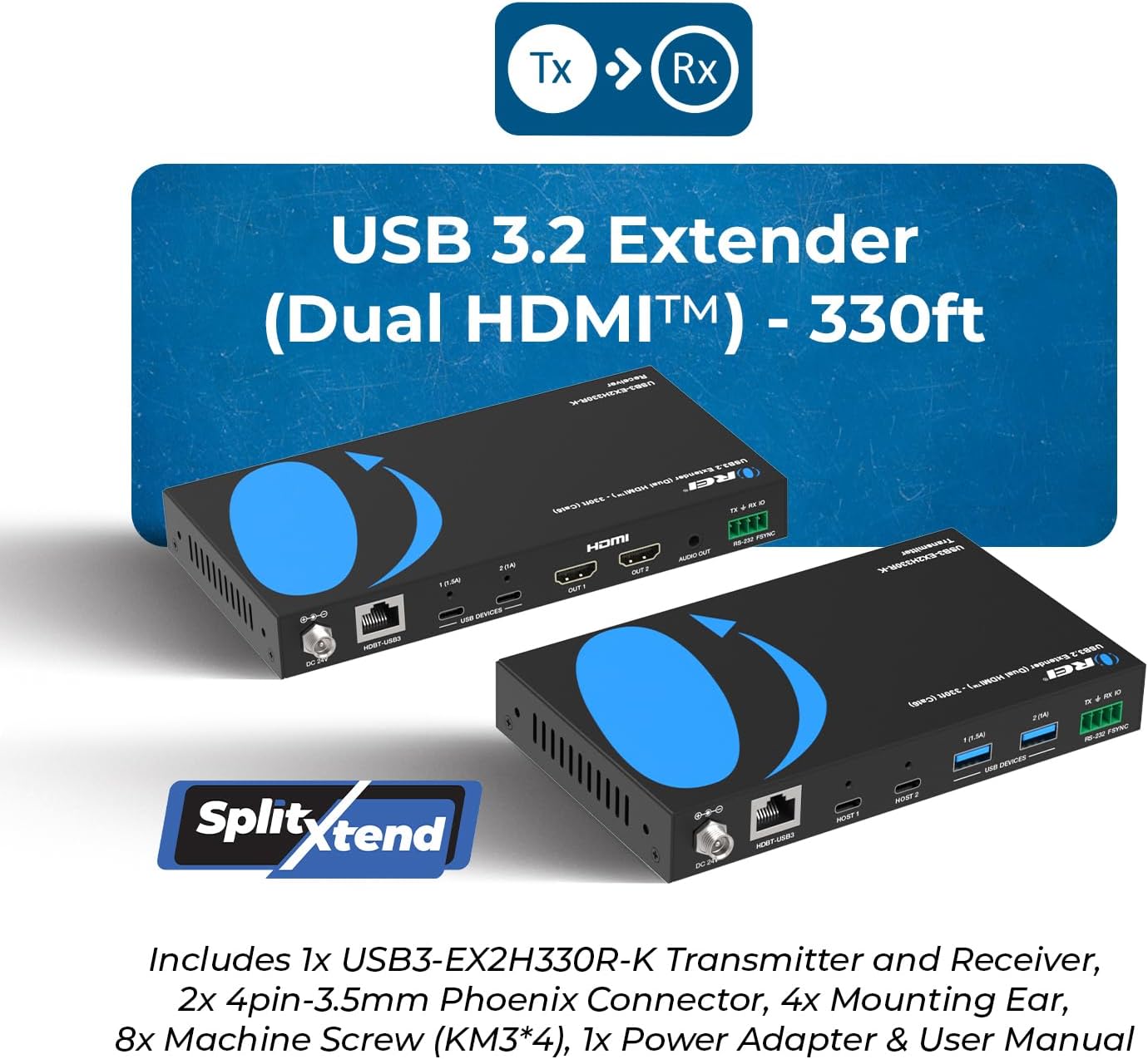 OREI SplitXtend 4K Dual Monitor Over Ethernet KVM USB 3.2 Cat6 Extender LAN Upto 330 Feet - DisplayLink HDMI Dual Host Extends 2X USB-C/ 2X USB-A - RS-232, PoC
