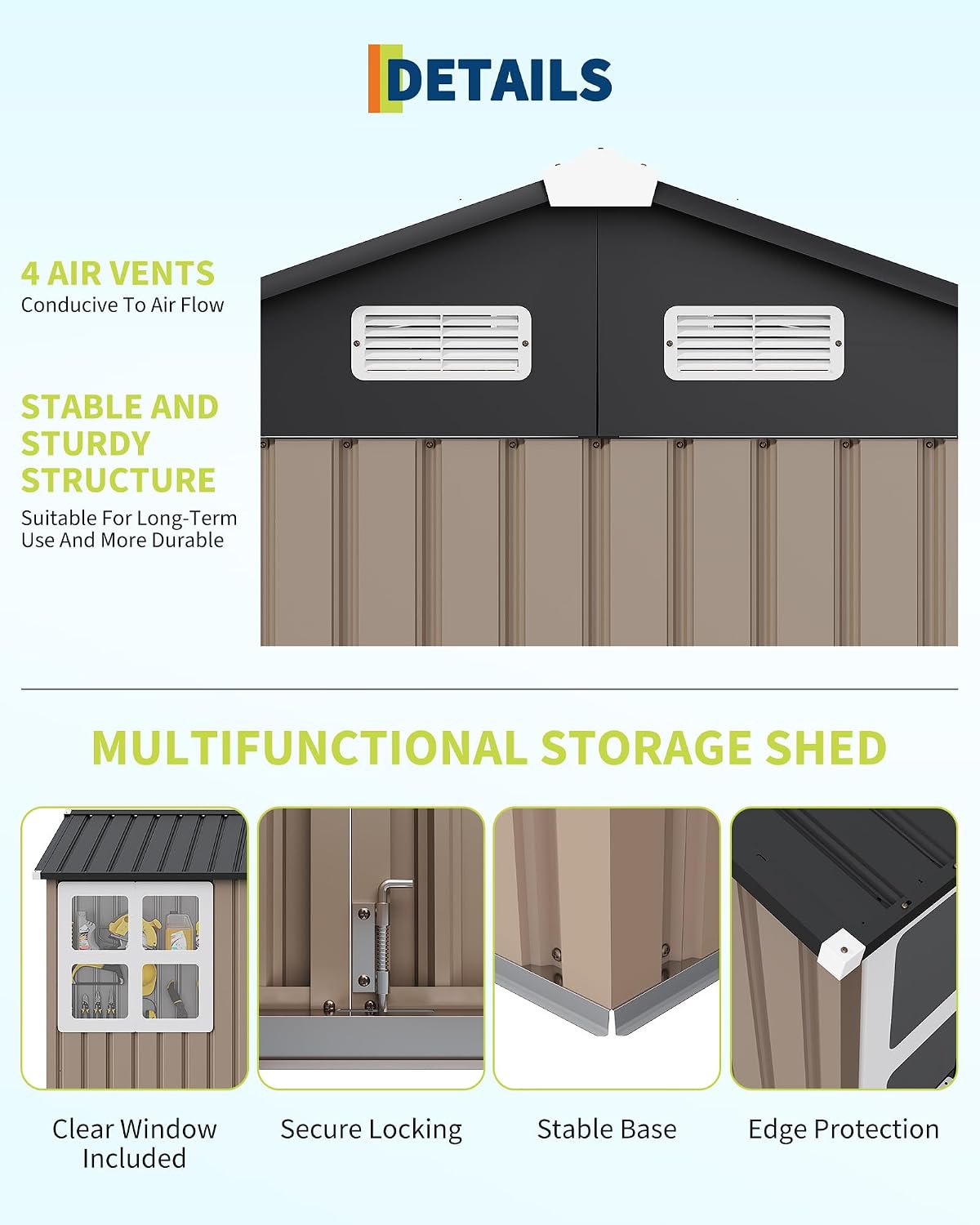 GarveeLife 6x8 ft Outdoor Storage Shed, Metal Garden Tool Shed with Updated Frame Structure, Lockable Doors and Windows, Ideal for Backyard Garden Patio Lawn, Brown