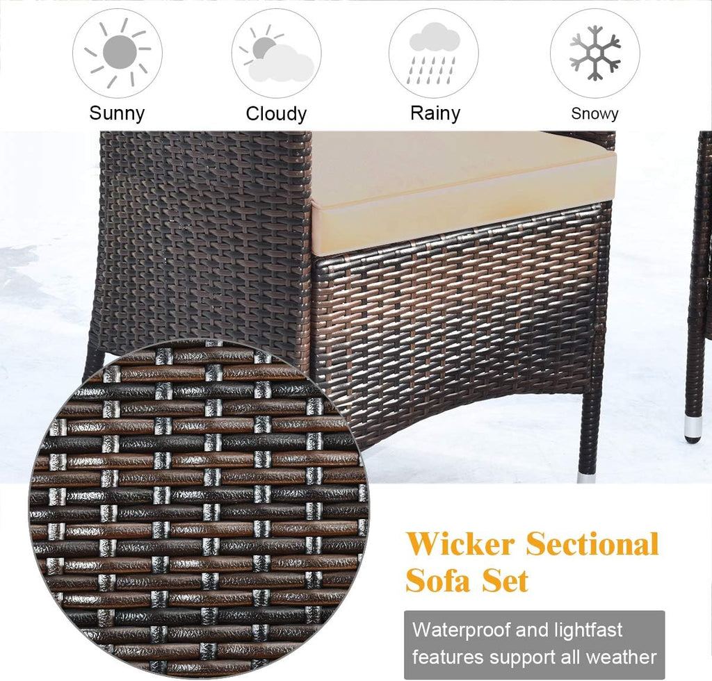 COSTWAY 8PCS Rattan Patio Furniture Set, Outdoor Wicker Rattan Chairs with Coffee Table, Rattan Cushioned Conversation Set for Backyard Balcony Porch Poolside, Brown