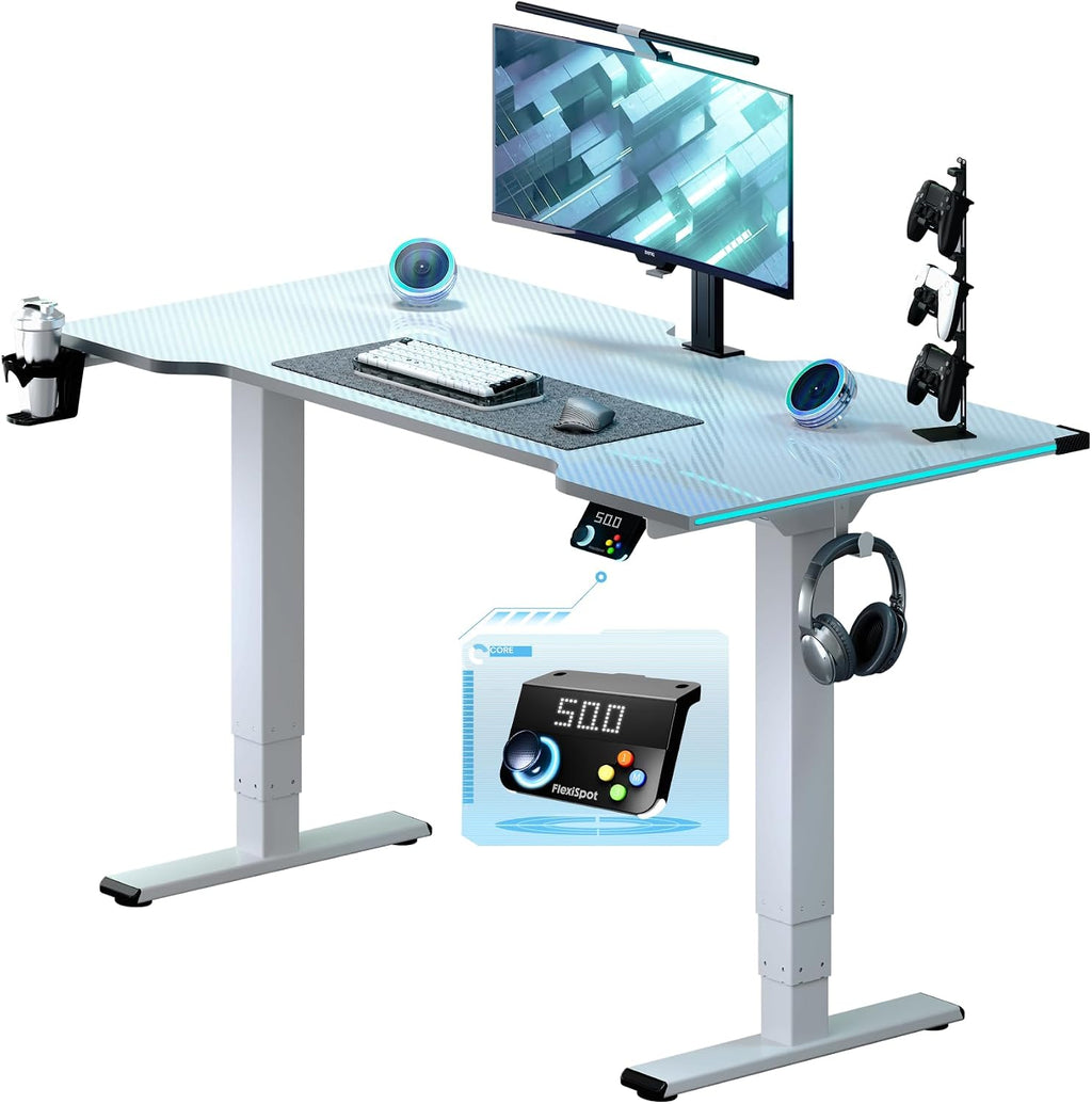 FLEXISPOT E6G CyberX RGB LED Electric Gaming Standing Desk, 55 Inch Dual Motor 3-Stage Adjustable Desk up to 352 lbs, Large Ergonomic Computer Workstation for Gamers, Streamers & Home Studios (White)
