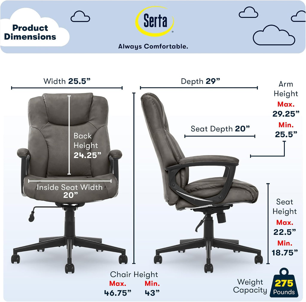 Serta Connor Executive Office Chair, Ergonomic Computer Chair with Layered Body Pillows, Contoured Lumbar, Adjustable Seat Height, Bonded Leather, Gray