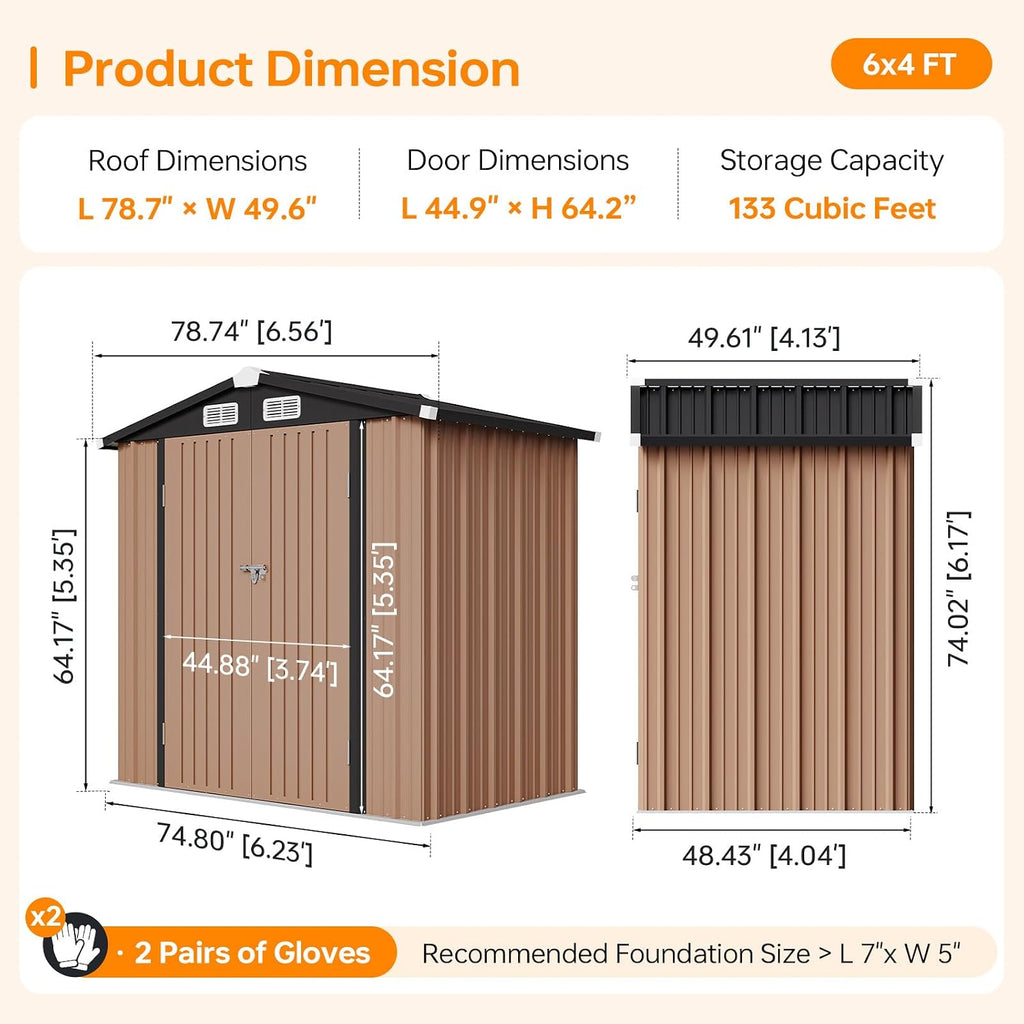 6x4FT Outdoor Storage Shed with Base, Metal Garden Tool Shed with Sloping Roof & Lockable Door for Patio Lawn Backyard (Dark/Base)