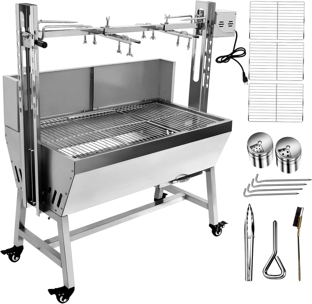 132lbs Outdoor Rotisserie Grill with Back Cover Guard, Small Pig Whole Lamb Stainless Steel Rotisserie Roaster, 37' BBQ Charcoal Rotisserie Roaster Grill