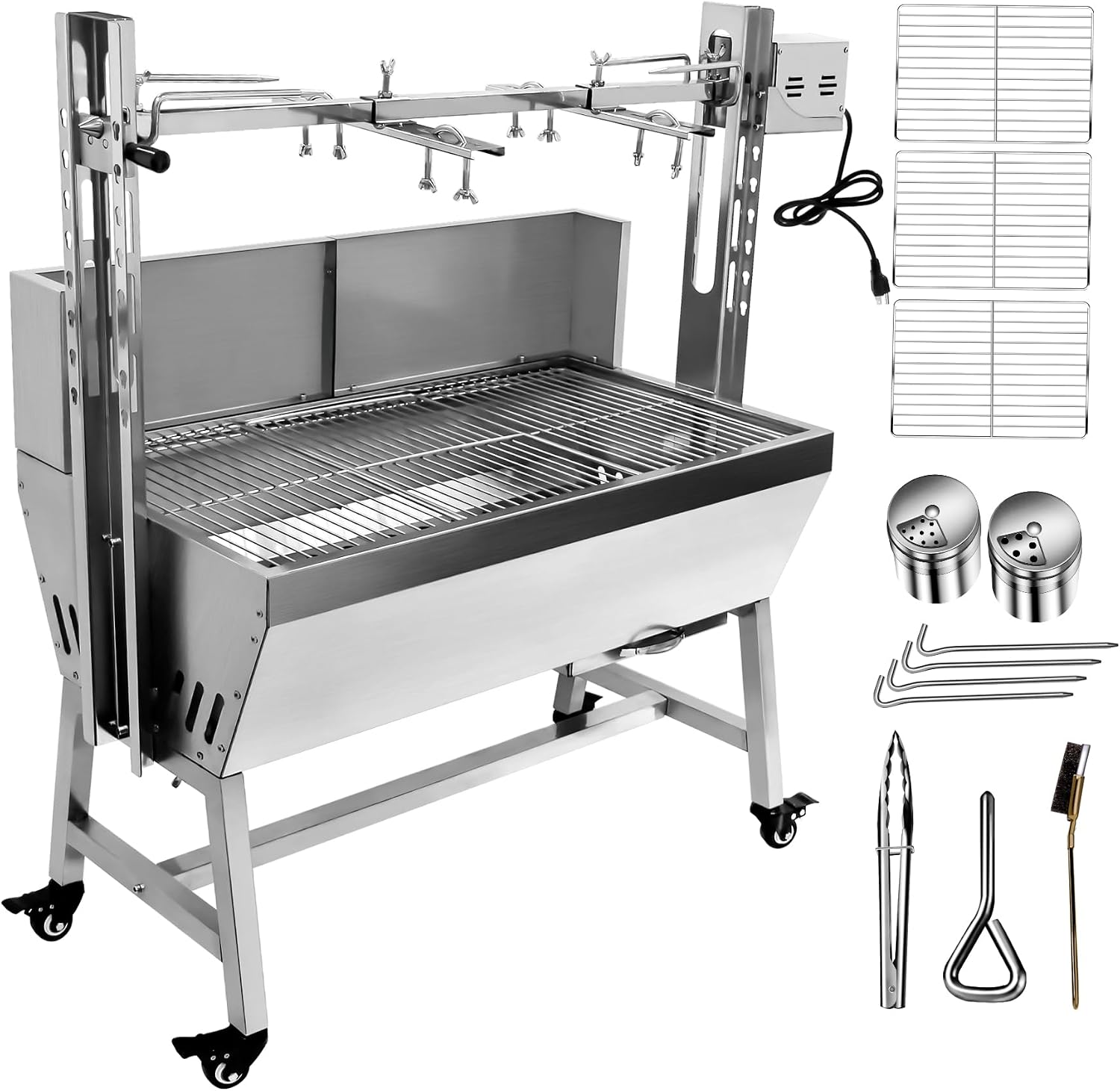 132lbs Outdoor Rotisserie Grill with Back Cover Guard, Small Pig Whole Lamb Stainless Steel Rotisserie Roaster, 37' BBQ Charcoal Rotisserie Roaster Grill