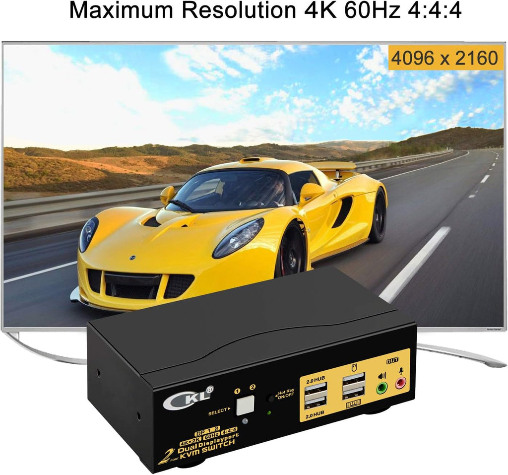 CKL KVM Switch Dual Monitor DisplayPort 2 Port 4K 60Hz 4:4:4, 2x2 DP KVM Switch with Audio and USB 2.0 HUBs (CKL-622DP)
