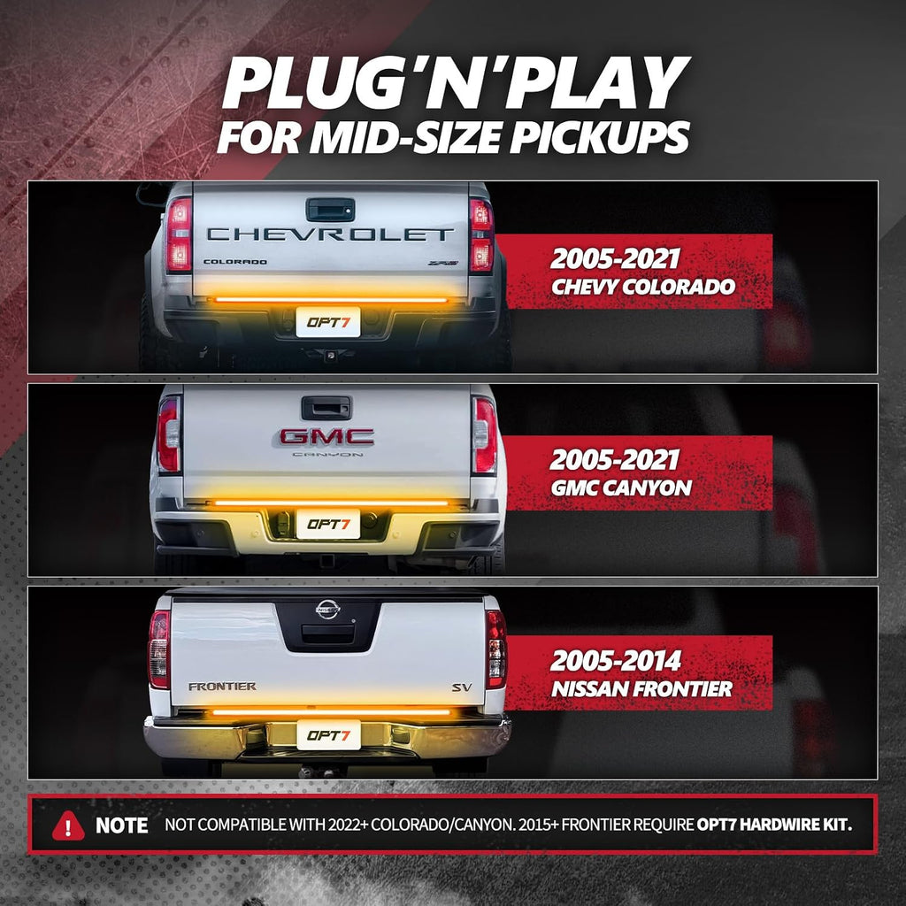 OPT7 Plug'n'Play Bundle for 2015-2020 F150 w/Blind Spot Monitor – 48' Redline Triple Row LED Tailgate Light Bar w/Sequential Amber Turn + Easy Connect Harness