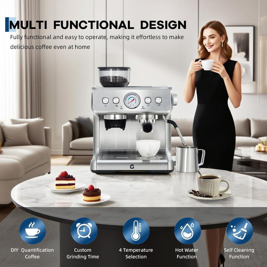 20-Bar Espresso Machine with Grinder – Stainless Steel Coffee Maker – 2.8L Removable Tank, 30 Grind Settings, Adjustable Shot Volume, Milk Frother Steam Wand for Home or Office