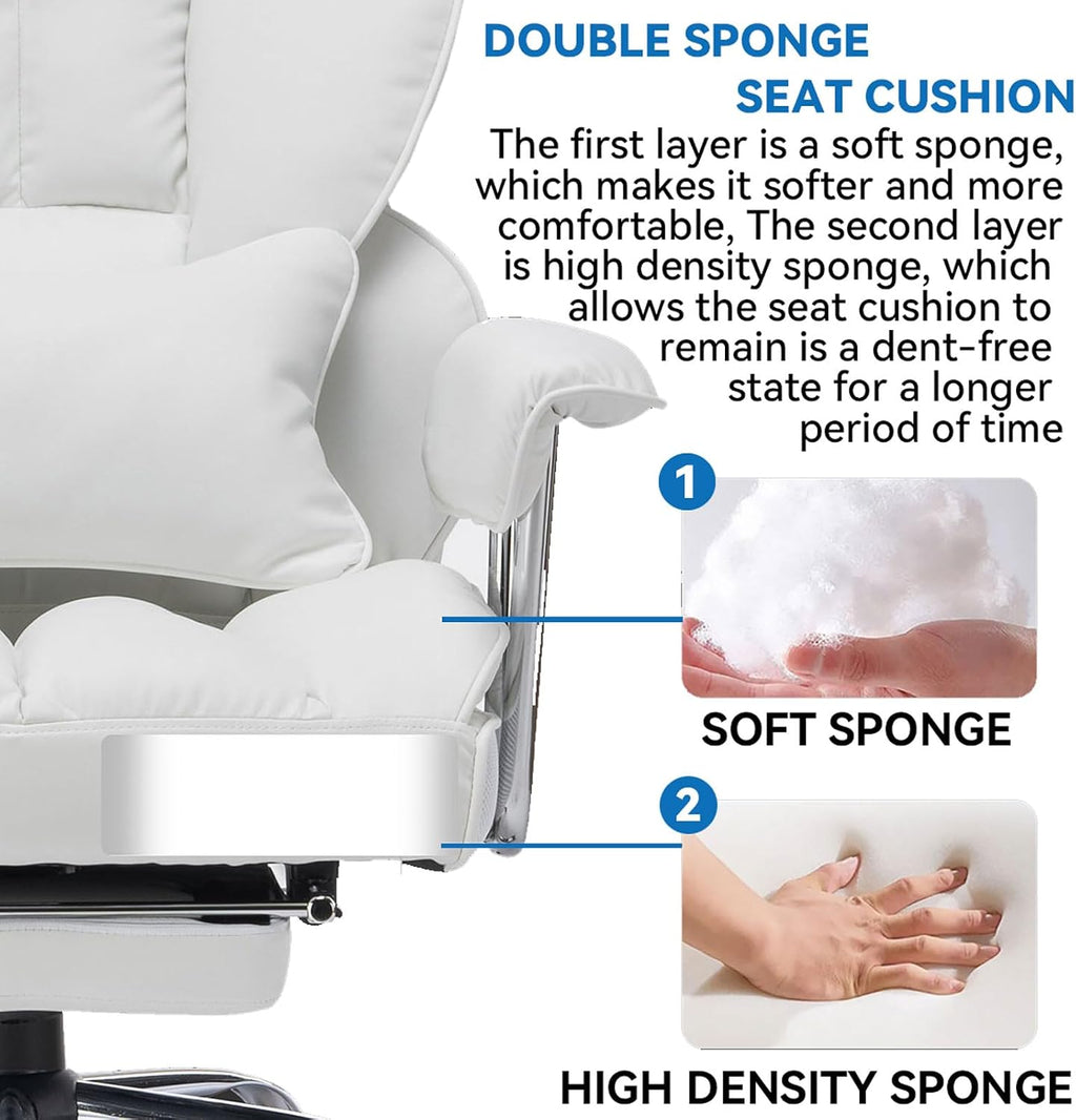 Efomao Big and Tall Office Chair 400lbs, Executive PU Leather Desk Chair with Footrest & Lumbar Support, Heavy Duty Computer Seating for Home, White