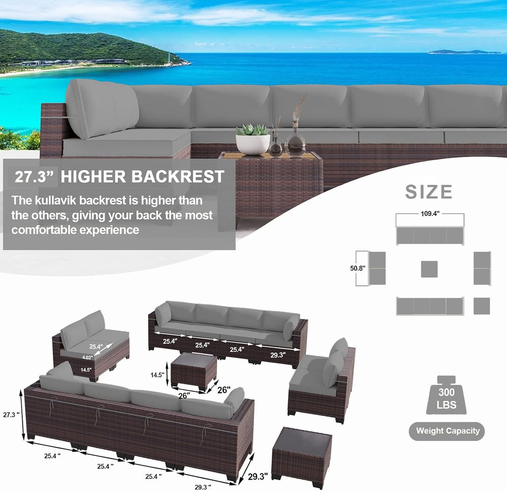 Kullavik 14 Pieces Outdoor Patio Furniture Set,Sectional Rattan Sofa Set Brown PE Rattan Wicker Patio Conversation Set with Tempered Glass Coffee Tables and Washable Cushions Covers,Grey