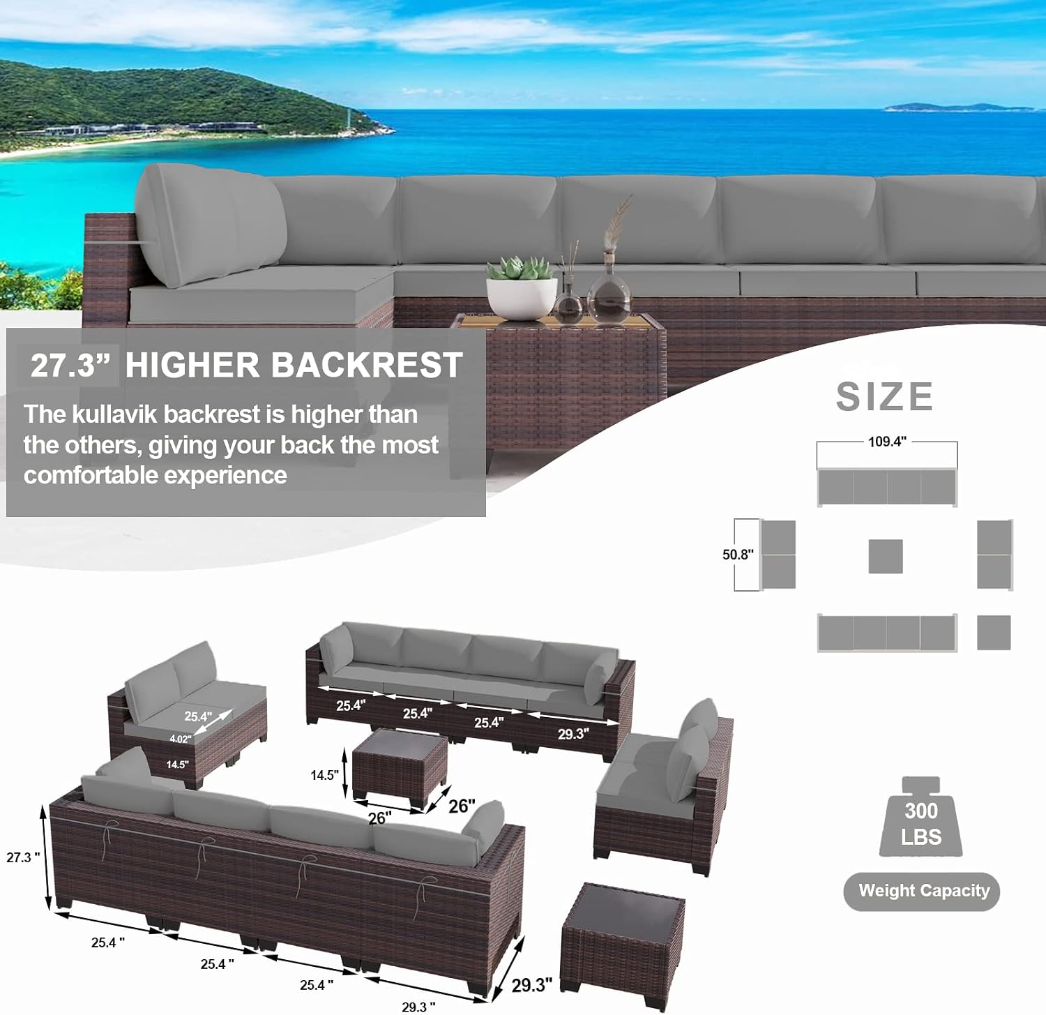 Kullavik 14 Pieces Outdoor Patio Furniture Set,Sectional Rattan Sofa Set Brown PE Rattan Wicker Patio Conversation Set with Tempered Glass Coffee Tables and Washable Cushions Covers,Grey