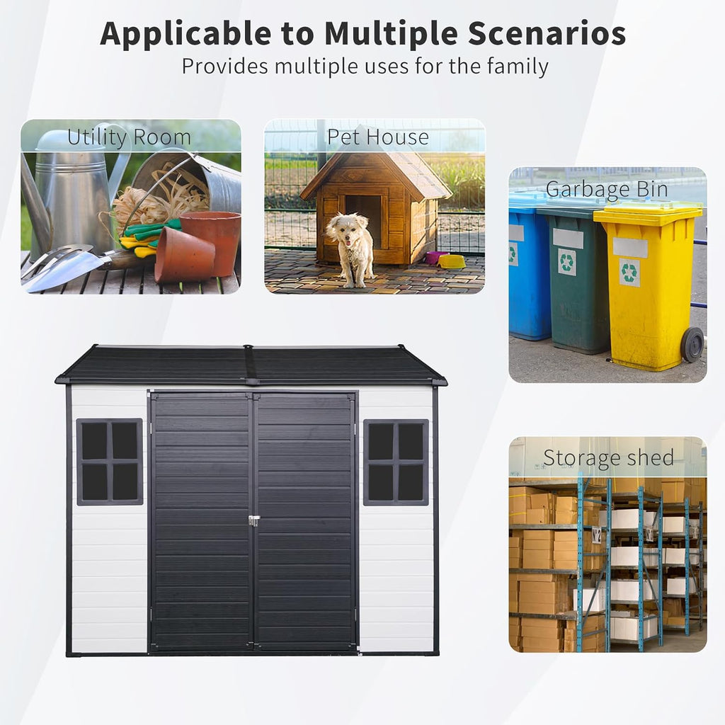 Ball & Cast 8x6 FT Resin Outdoor Storage Shed,Waterproof Garden Organizer Tool House with Floor & Two Windows,Backyard Cabinet w/Lockable Door and 2 Ventilation,Shelter for Car,Lawnmower,Grey+White
