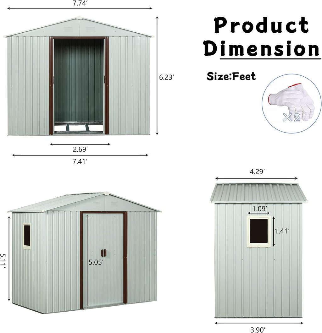 Favfurish 8 x 4 FT Outdoor Storage Shed with Side Window, Metal Garden Shed w/Sliding Doors & Lock, Floor Base and Air Vents, Utility Tool Storage House for Backyard Lawn, White