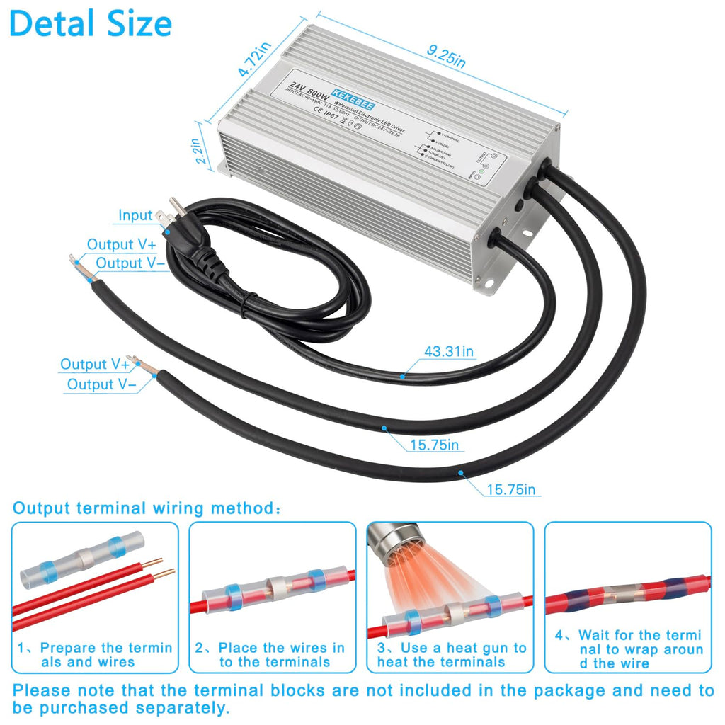 LED Driver 24V800W Waterproof Power Supply 90-130V to 24V33.3A AC to DC Converter IP67 Low Voltage Transformer Suitable for Indoor and Outdoor LED Lighting and Any 24V DC Device
