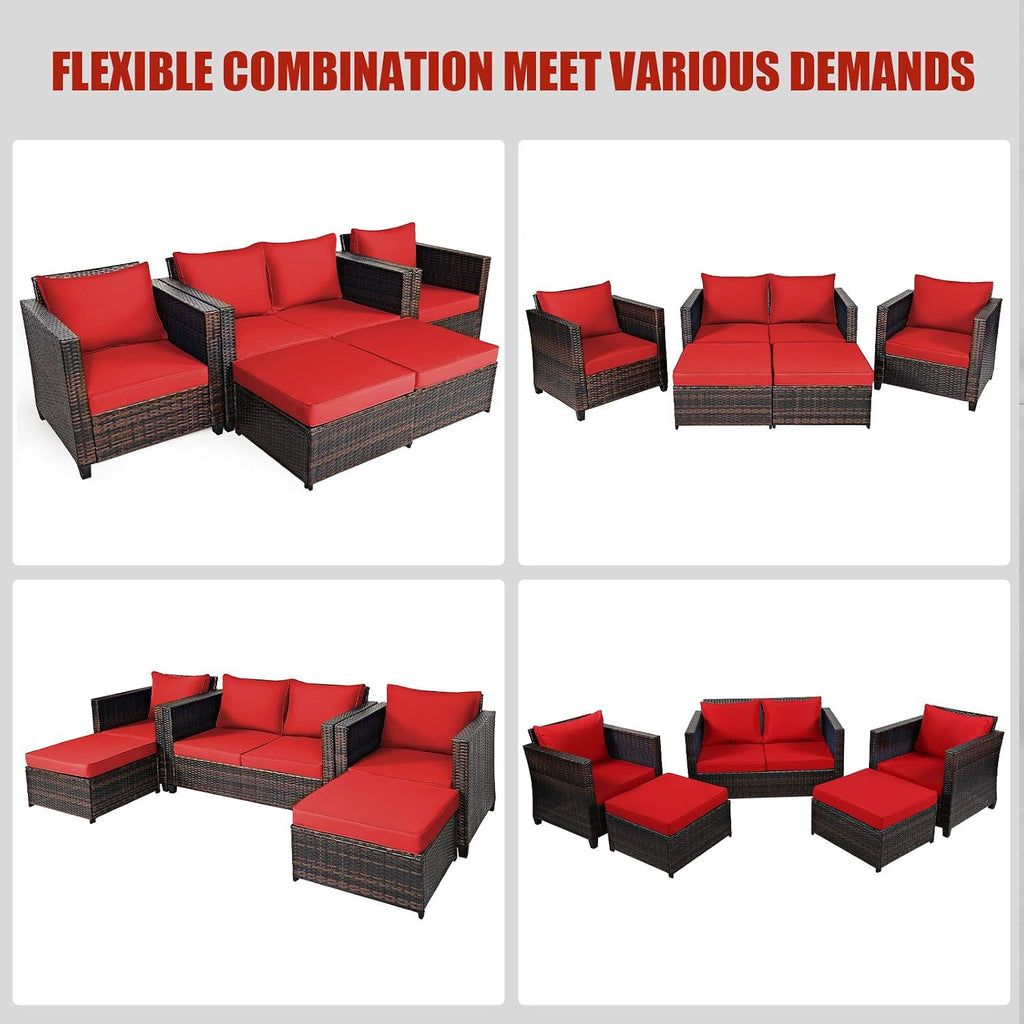Tangkula 5 Pieces Rattan Patio Furniture Set, Outdoor Sectional Wicker Sofa Set with Loveseat, 2 Single Sofas, 2 Ottomans & Removable Cushions, Outside Daybed Sofa for Yard, Garden, Poolside (Red)