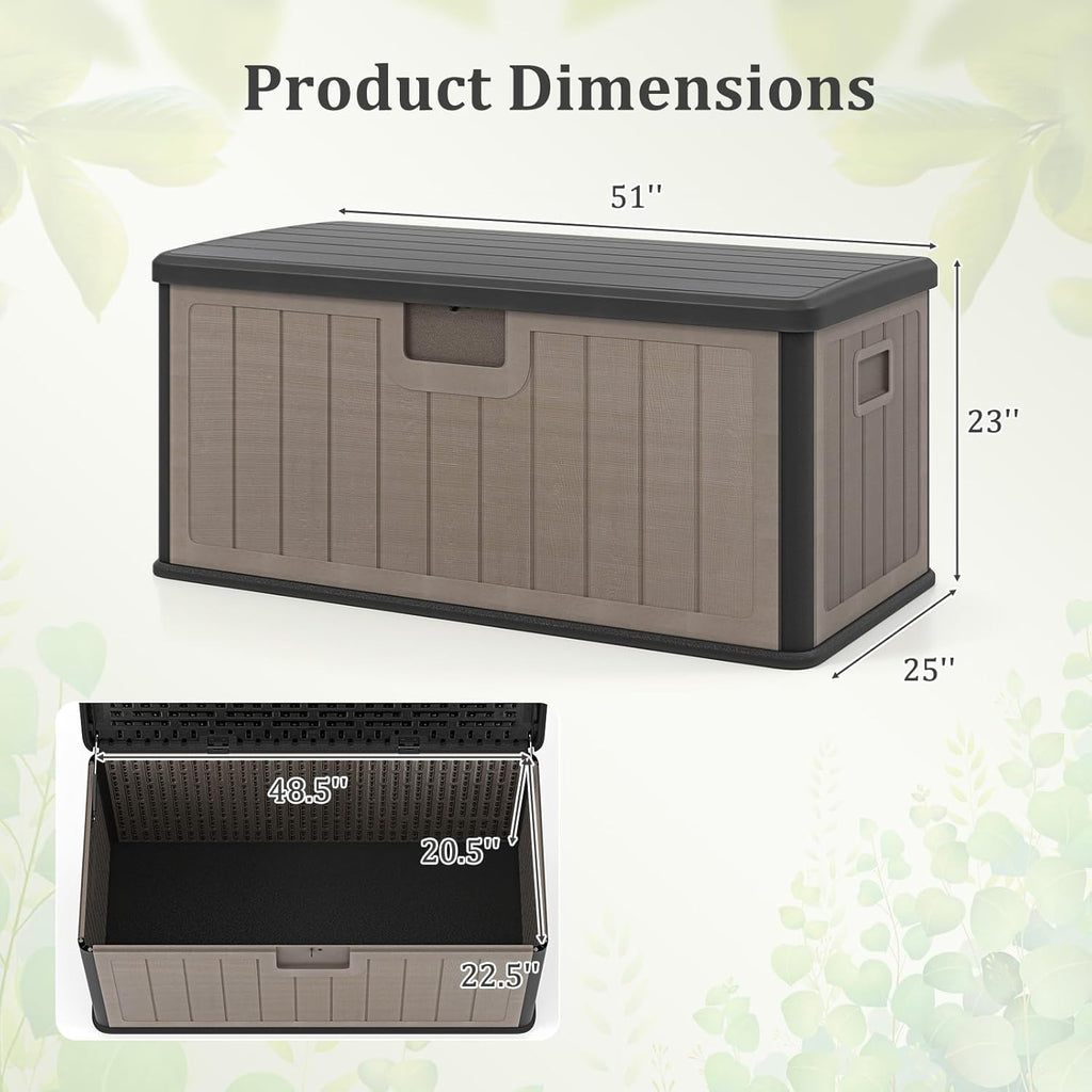 Tangkula 100 Gallon Outdoor Storage Box, Resin Outdoor Storage Bench with Lockable Lid, Waterproof Deck Box for Garden Tools, Pool Accessories, Cushions (100 Gallon,Black+Brown)