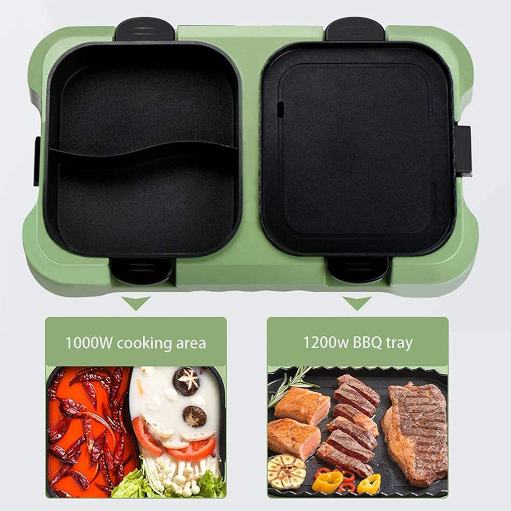 Intelligent Health Gril Electric Barbecue Grill Indoor Hot Pot Chafing Dish, Large Capacity Household Multifunctional Non-Stick 2200W,Green (Color : Green)