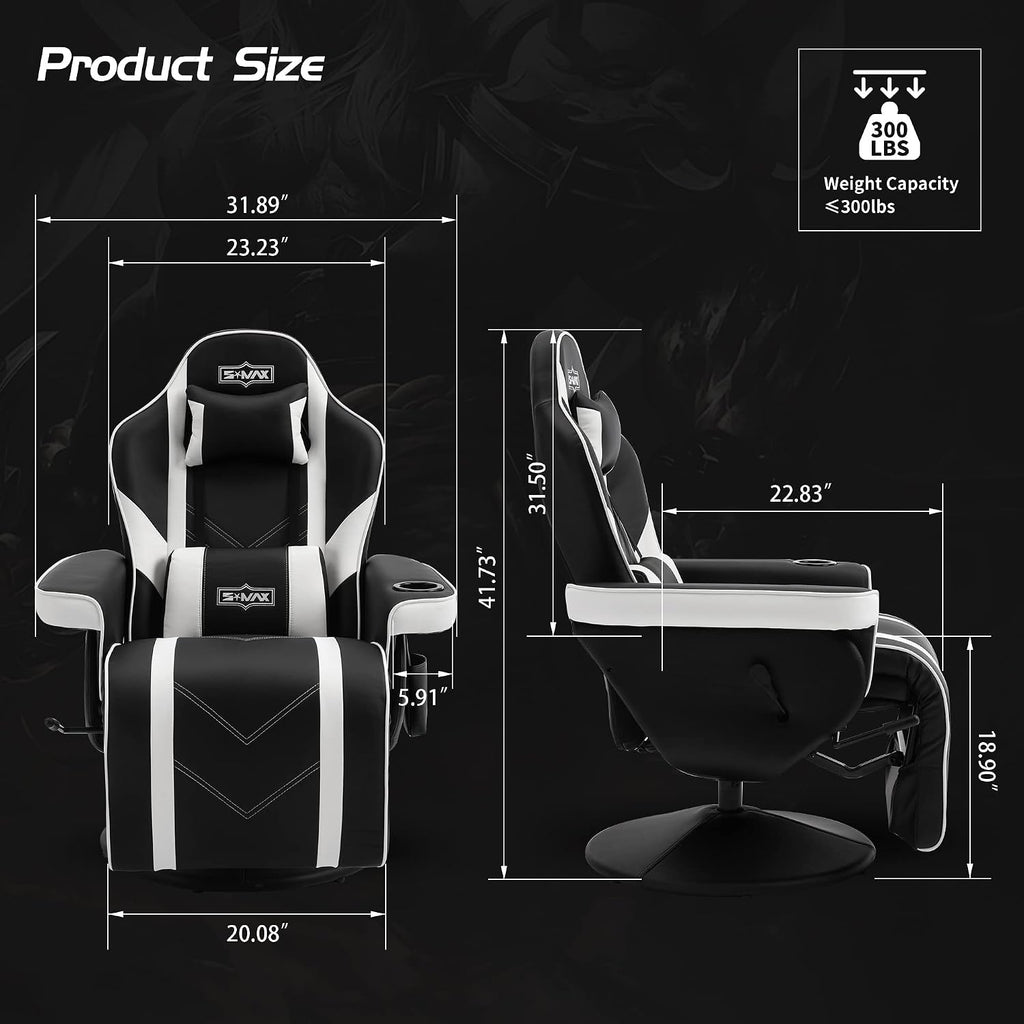 S*MAX Gaming Recliner Chair for Adults Racing Style Ergonomic High Back Swivel PU Leather Gaming Chair with Adjustable Backrest and Footrest Cup Holder Side Pouch White Black