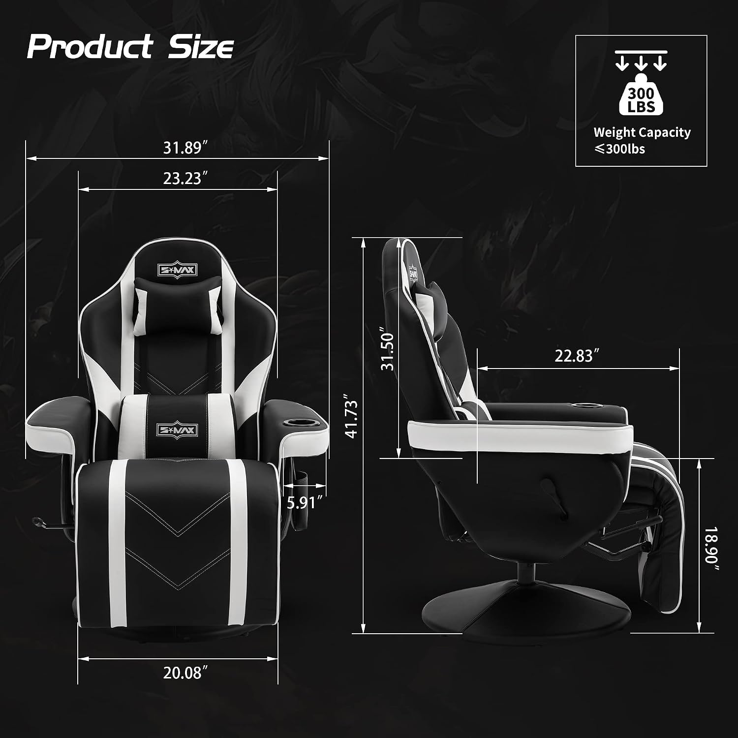 S*MAX Gaming Recliner Chair for Adults Racing Style Ergonomic High Back Swivel PU Leather Gaming Chair with Adjustable Backrest and Footrest Cup Holder Side Pouch White Black