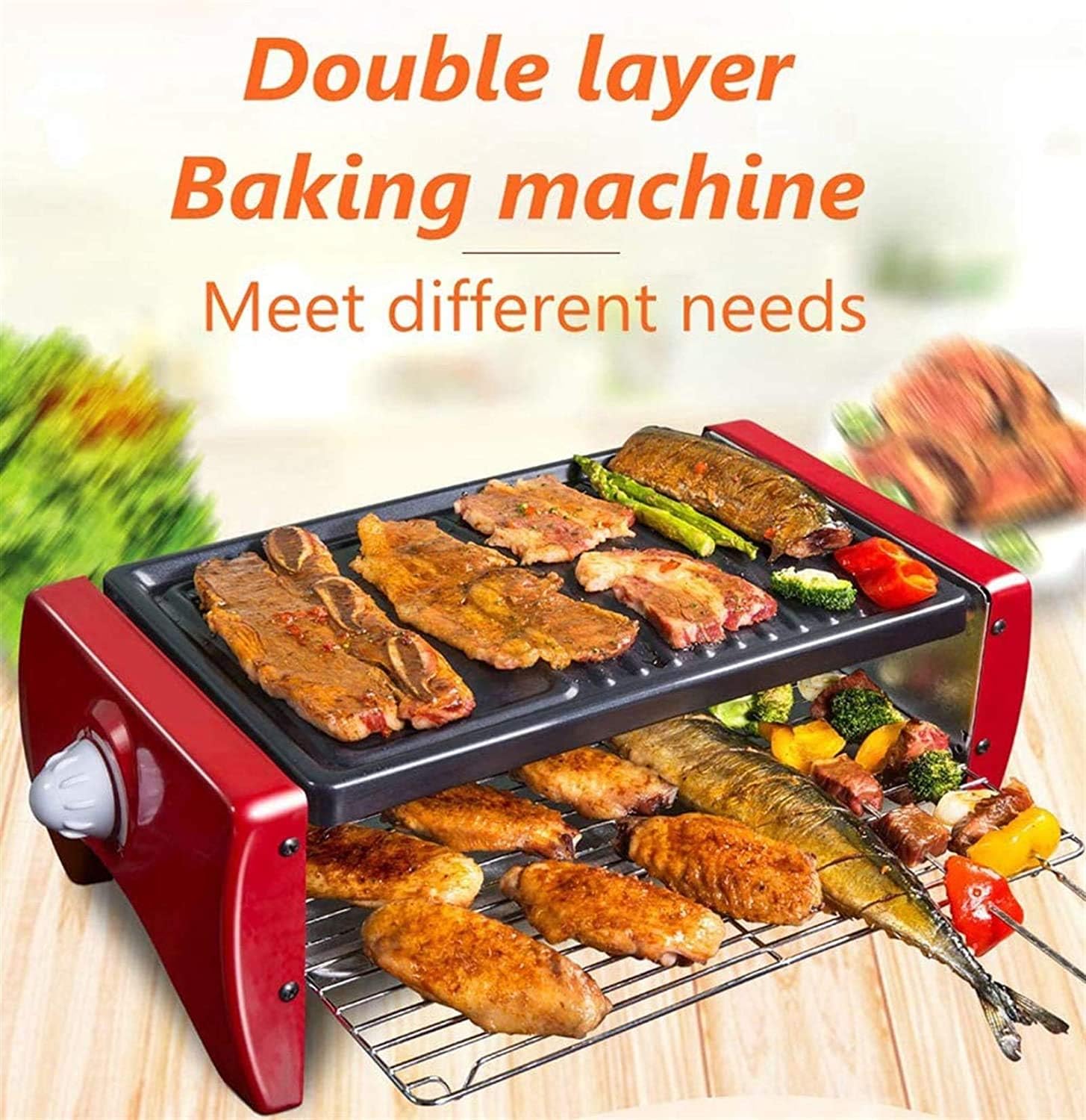 1200W Multifunction Electric Grill Double-layer Household Smokeless Electric Pan Indoor Grill,Household Nonstick Electric Griddle