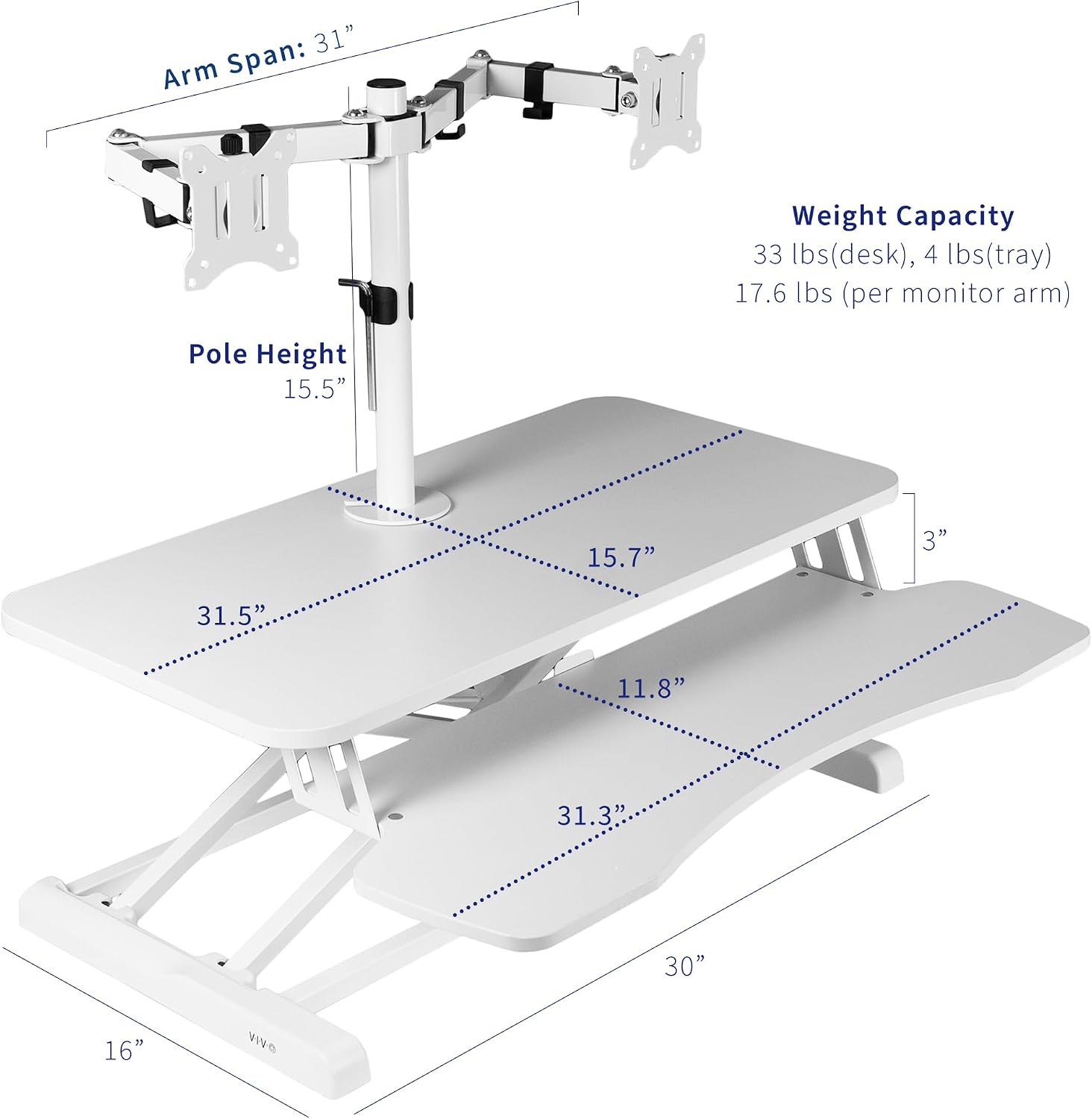 VIVO Height Adjustable 32 inch Standing Desk Converter with Dual 13 to 30 inch Monitor Stand, Sit Stand Monitor Mount and Desk Riser, White, DESK-V000K-M2W