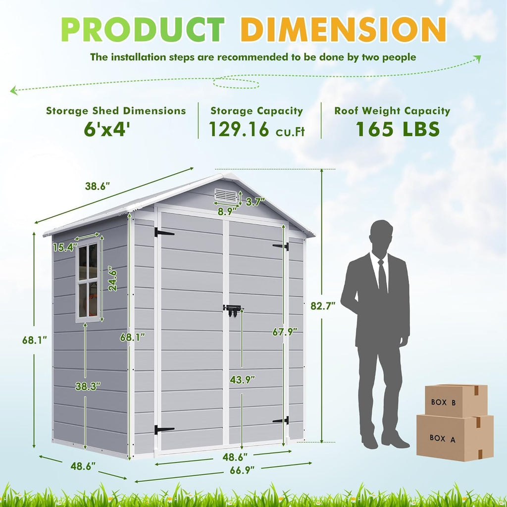 Devoko 6x4 FT Outdoor Storage Shed - Waterproof Plastic Resin Garden Shed with Lockable Door & Floor, for Backyard, Patio, Lawn & Pool Tools