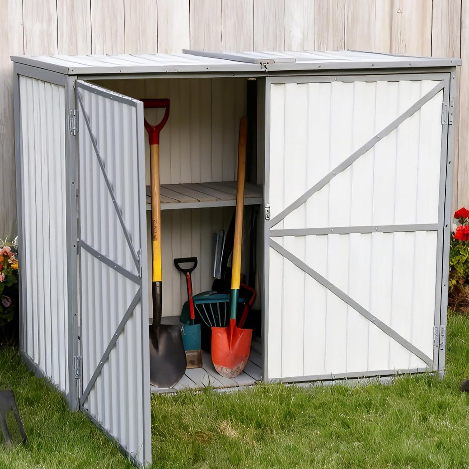Aivituvin Outdoor Storage Cabinet Trash Can Storage Shed Upgraded with Metal Frame for Garbage Can, Gardening Tools and Accessories