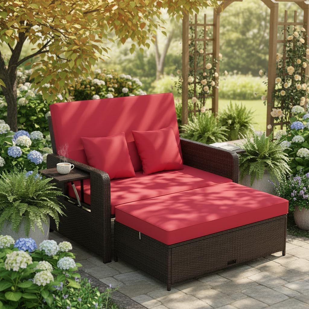 Tangkula Patio Rattan Daybed with 4-Level Adjustable Backrest, Outdoor PE Wicker Loveseat with Storage Ottoman & Folding Side Tray, Double Sunbed Lounger for Balcony, Backyard & Poolside, Red & Brown