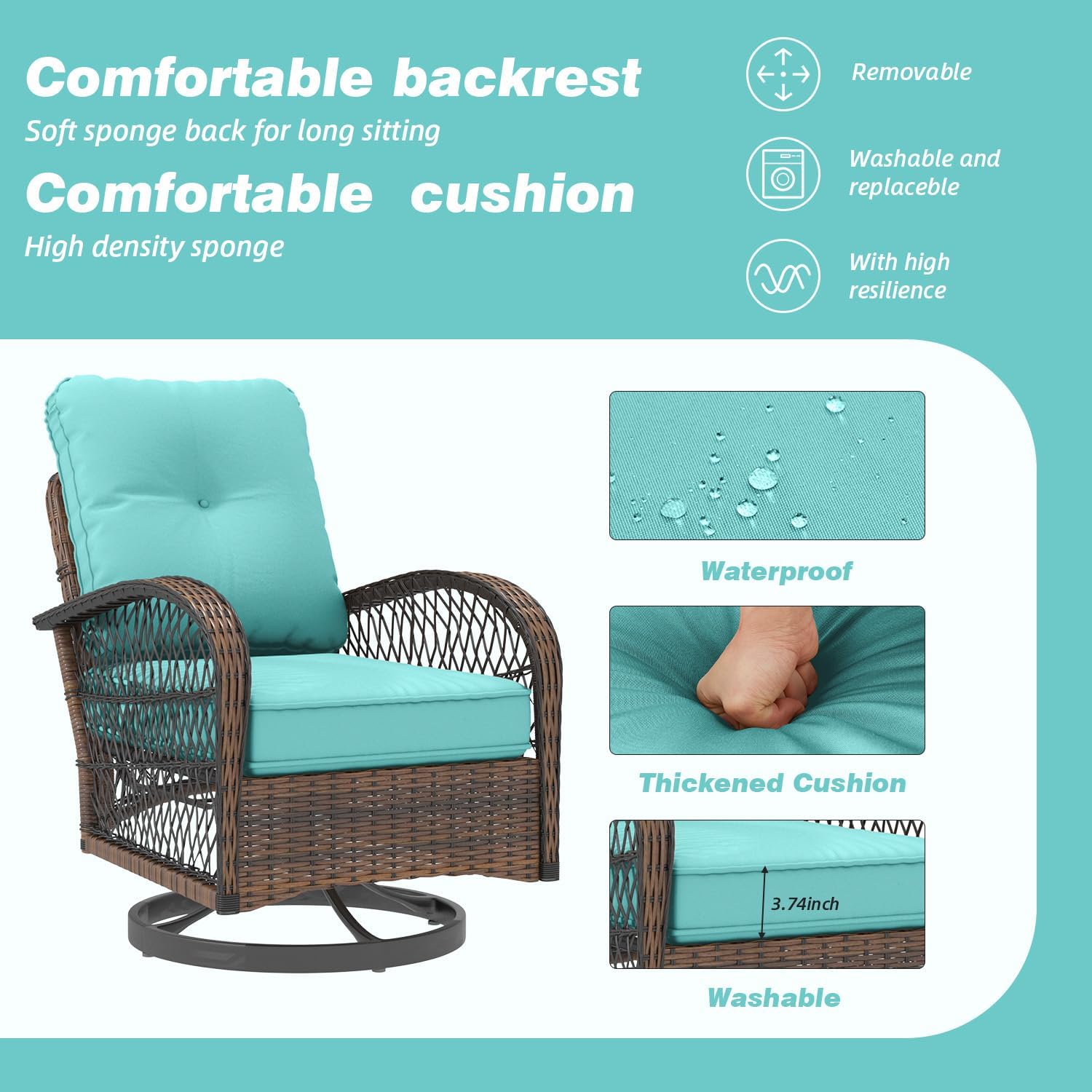 MELLCOM 3 Pieces Patio Furniture Set, Outdoor Swivel Rocker Patio Chairs, Wicker Patio Bistro Set with Rocking Chair, Thickened Cushions and Glass Coffee Table for Backyard, Garden, Peacock Blue
