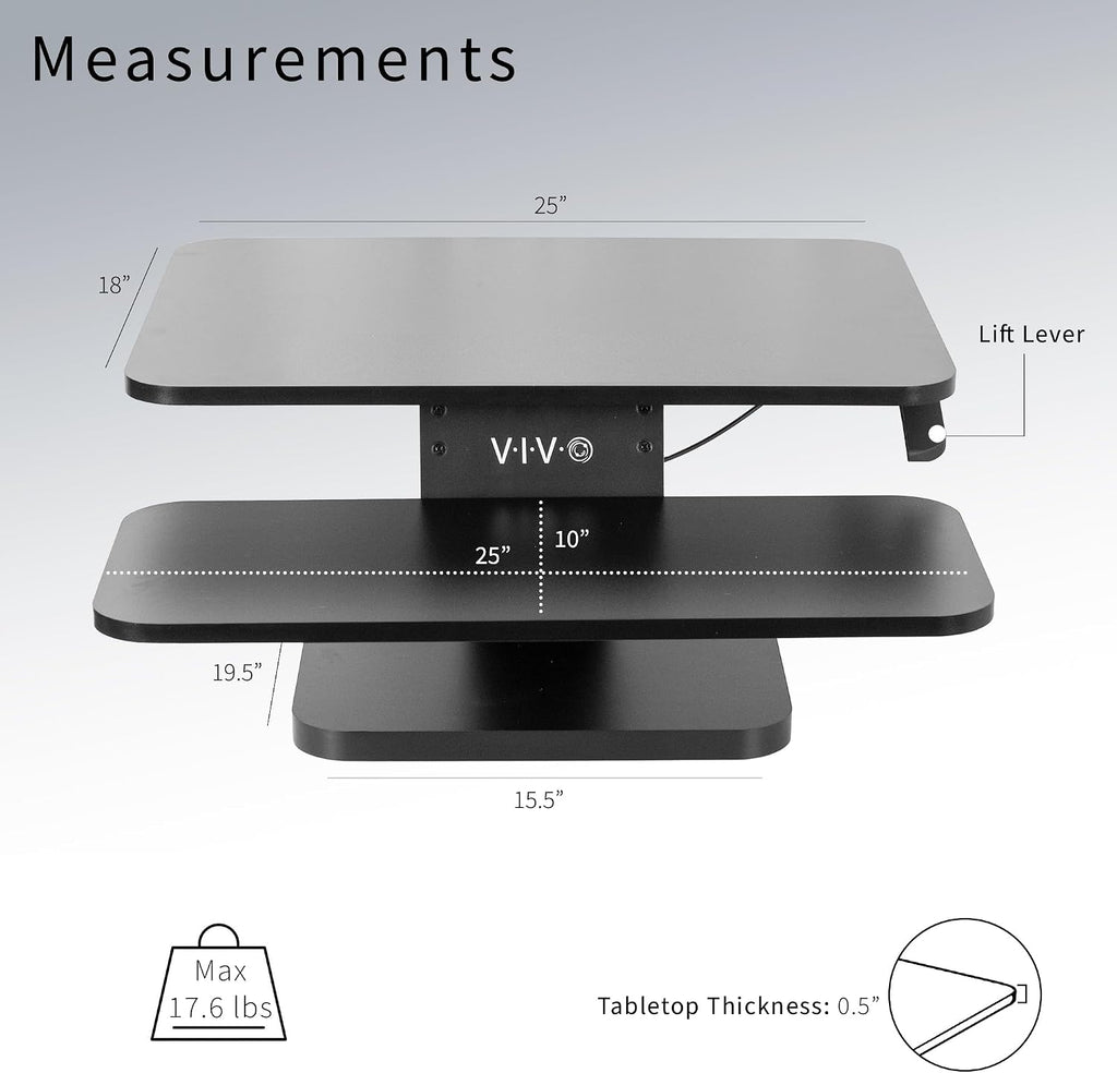 VIVO Black Height Adjustable 25 inch Standing Desk Converter, Compact Sit Stand Tabletop Monitor Riser Workstation, DESK-V001G