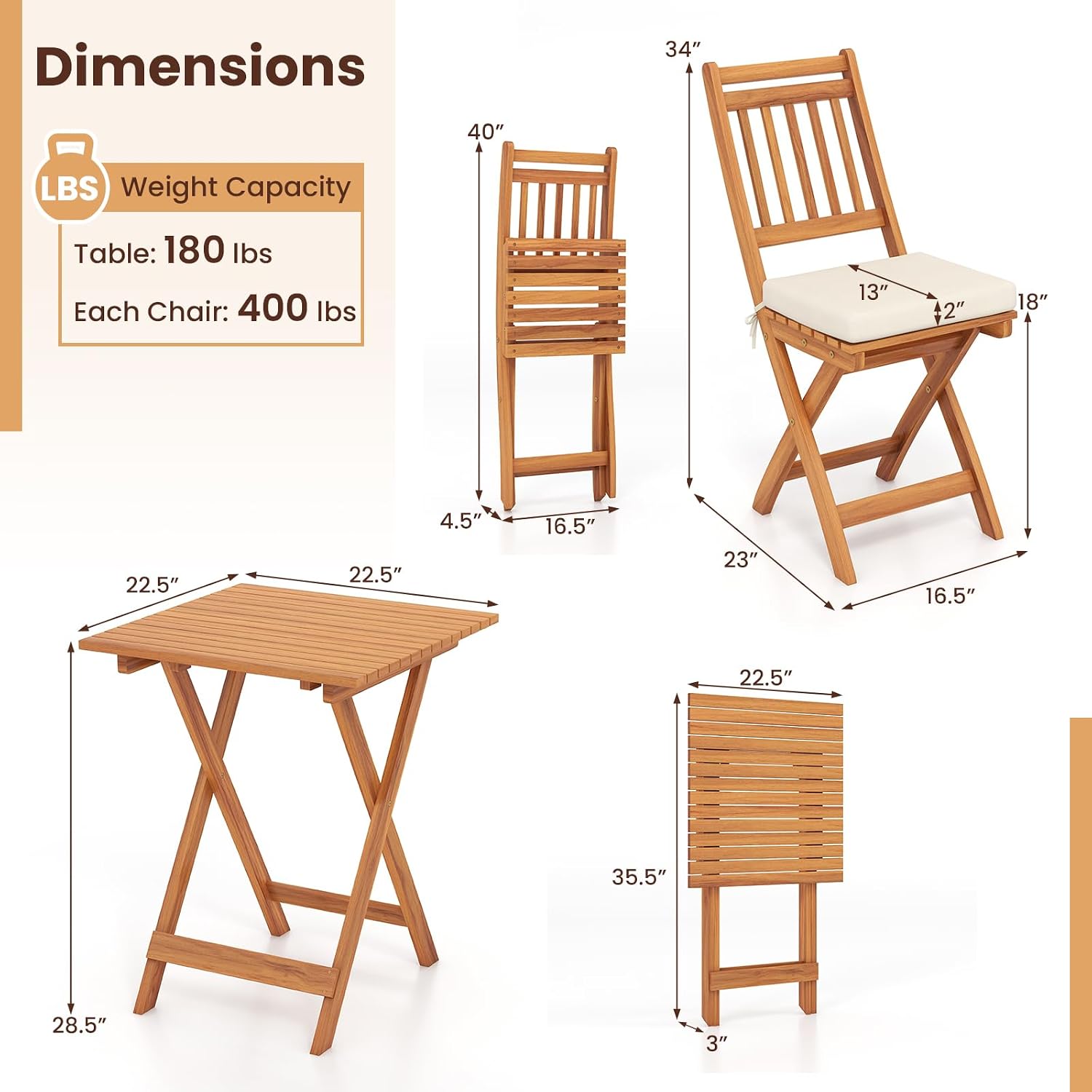 HAPPYGRILL 3-Piece Folding Bistro Set Acacia Wood Patio Furniture Set with Seat Cushions, Outdoor Square Table and Chairs Set of 2 for Backyard, Balcony, Porch, Garden (Back Style B)