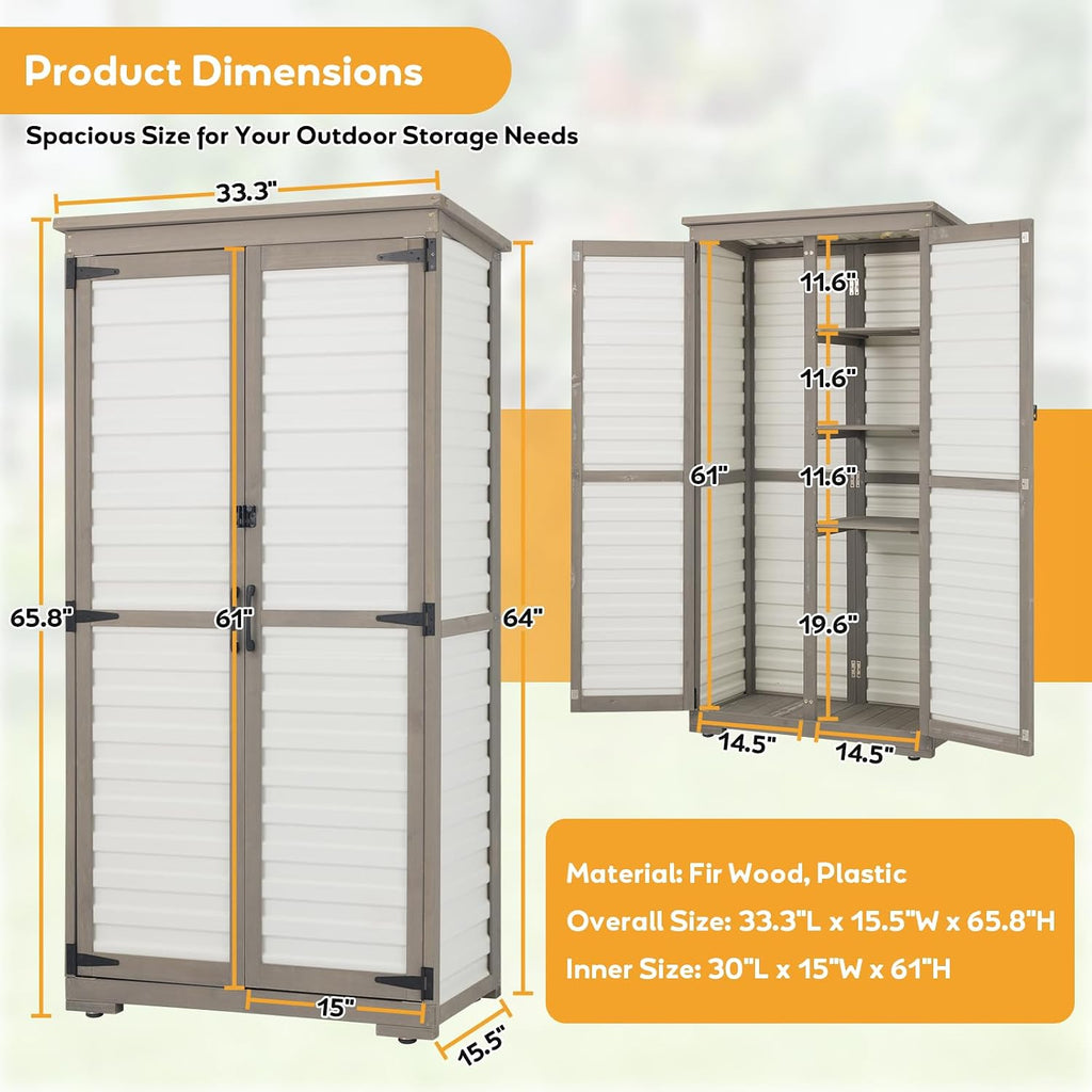 Outdoor Storage Cabinet with Shelves, Lockable Garden Shed, Wood & Plastic Weatherproof Outside Tool Cabinet for Patio, Backyard, Balcony White