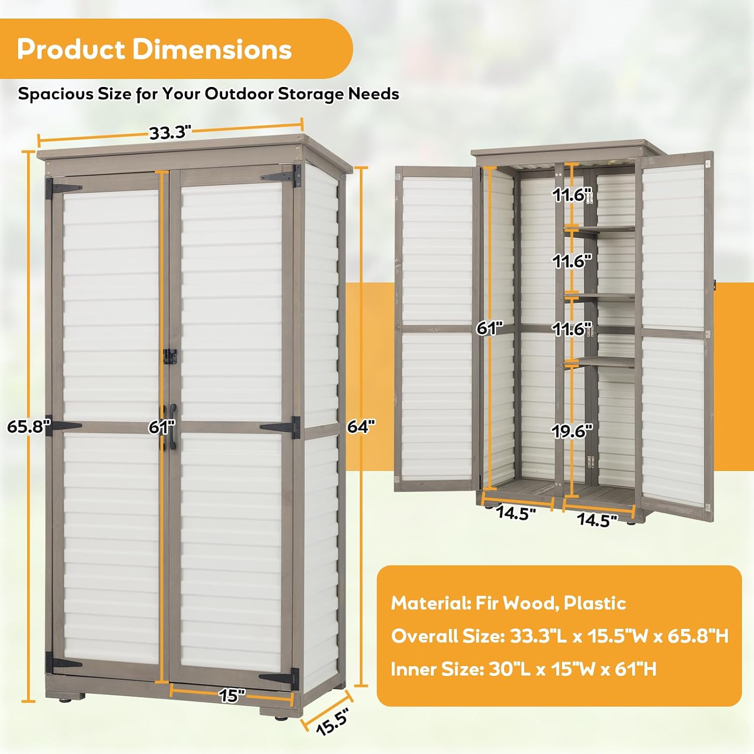 Outdoor Storage Cabinet with Shelves, Lockable Garden Shed, Wood & Plastic Weatherproof Outside Tool Cabinet for Patio, Backyard, Balcony White