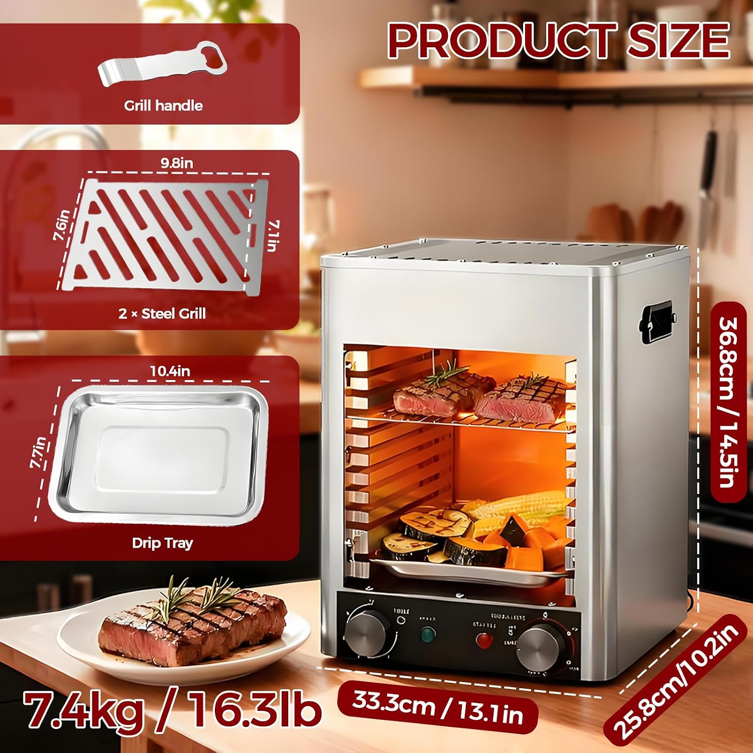 BANGBANGJI Electric Infrared Grill, 1700W Stainless Steel Steak Cooker, Time Temperature Adjustable & 10-Tier Rack, Perfect for Homes, Restaurants Cooking Pizzas, Steaks & Seafood
