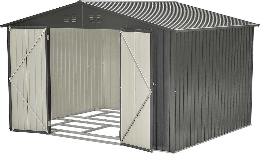 10x8 FT Outdoor Storage Shed with Lockable Double Doors, Aluminum Frame, Weatherproof with Frame Floor, Metal Tool Shed for Garden, Backyard, Patio, and Equipment Storage
