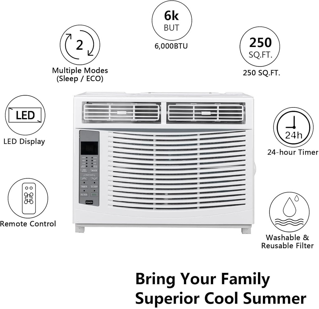 ROVSUN 6000 BTU Window Air Conditioner, 3-in-1 AC Unit for Window, Works As Cooler, Dehumidifier & Fan with Timer, Sleep/ECO Mode & Installation Kit, Cooling Rooms up to 250 Sq. Ft, 115V/60Hz