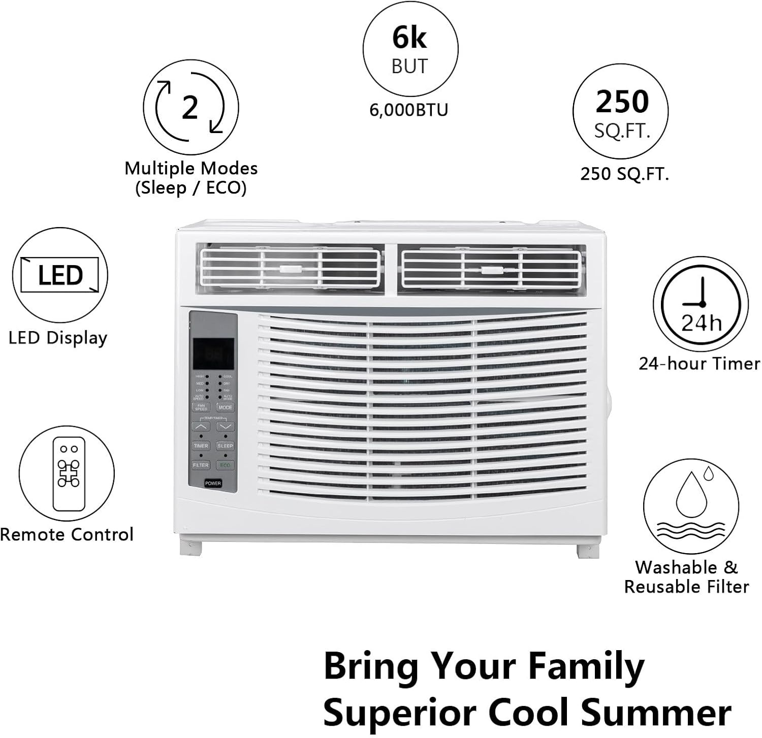 ROVSUN 6000 BTU Window Air Conditioner, 3-in-1 AC Unit for Window, Works As Cooler, Dehumidifier & Fan with Timer, Sleep/ECO Mode & Installation Kit, Cooling Rooms up to 250 Sq. Ft, 115V/60Hz