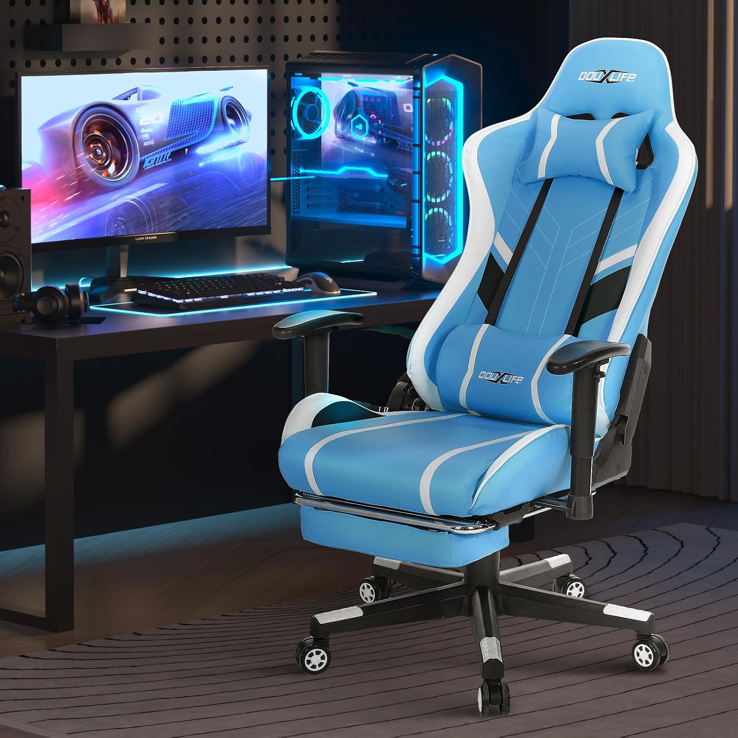 Gaming Chair Massage PC Gaming Chair Office Chair Ergonomic Computer Chair with Rolling Swivel Task Chair Lumbar Support Footrest Headrest, Light Blue