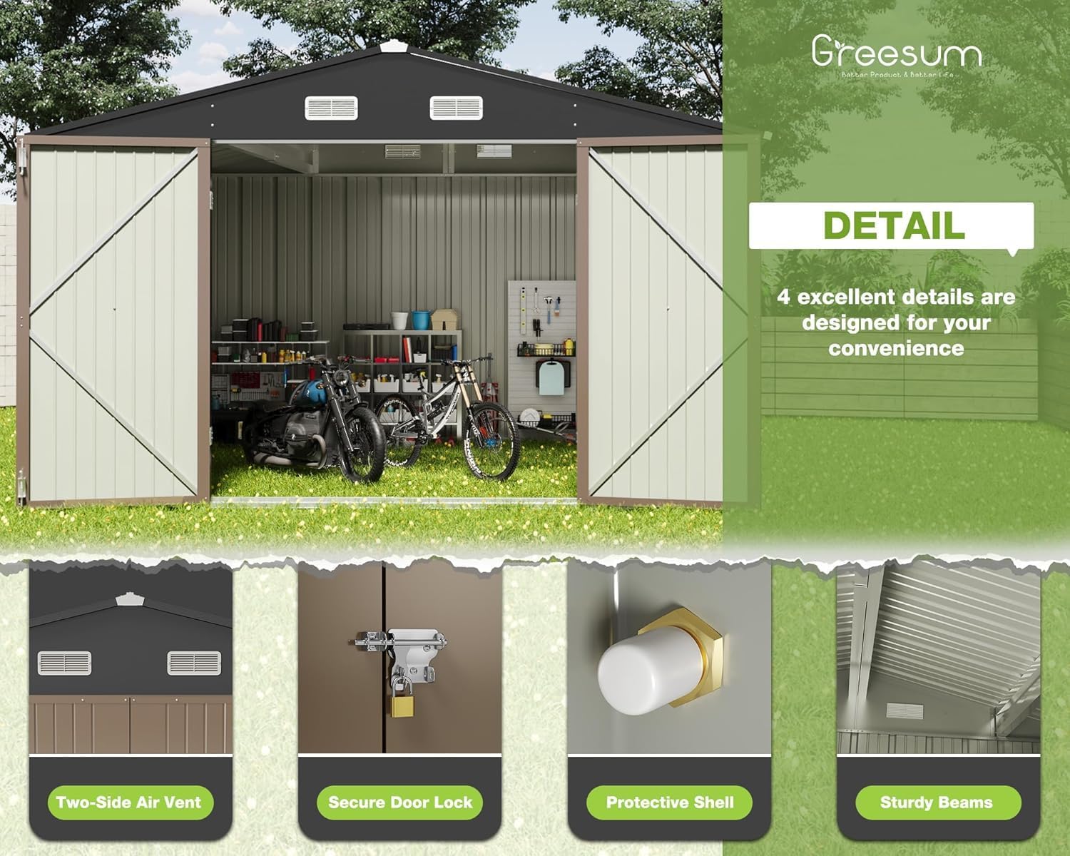 Greesum 10x10FT Outdoor Storage Shed, Utility Tool Shed Metal Storage Shed with Door & Lock for Patio Storage, Garden, Lawn, Brown