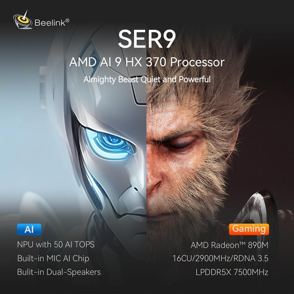 Beelink SER9 AI Mini PC,AMD Ryzen AI 9 HX 370(12C/24T,up to 5.1GHz),32GB LPDDR5X RAM 1TB PCIE4.0 SSD Dual Speakers Mini Computer,Support Three Screen Display/WiFi6/BT5.2/Build-in Power Supply