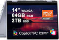 Dell Inspiron 14 7445 2-in-1 Laptop 14' WUXGA Comfortview Touchscreen AMD 6-core Ryzen 5 8640HS (>i7-1355U) 64GB RAM 2TB SSD Backlit for Creator Business Professional Work Win11