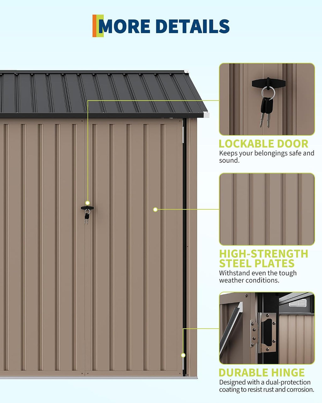 GarveeLife 6x8 ft Outdoor Storage Shed, Metal Garden Tool Shed with Updated Frame Structure, Lockable Doors and Windows, Ideal for Backyard Garden Patio Lawn, Brown