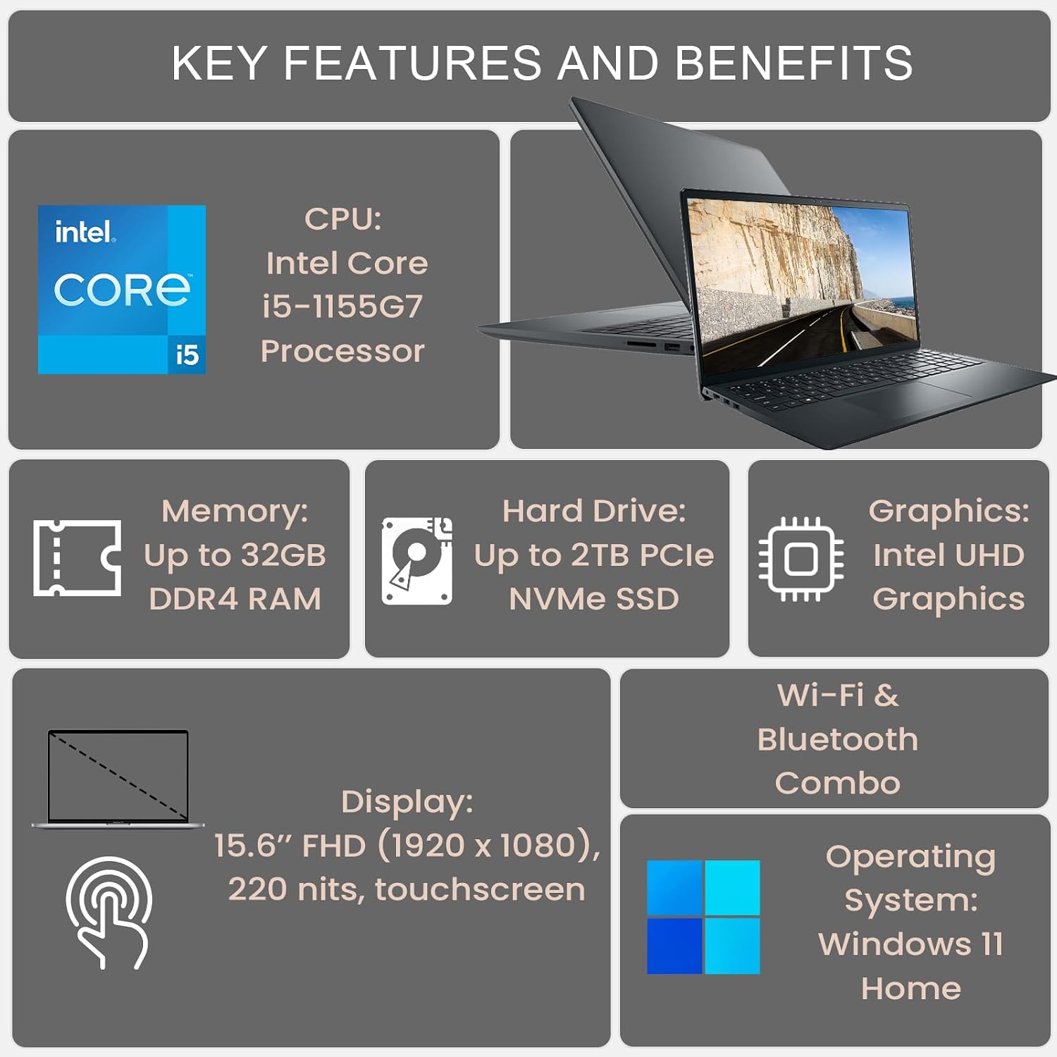 DELL Inspiron 3000 Series 3520 Laptop, 15.6' FHD Touchscreen, Intel Core i5-1155G7, 16GB DDR4 RAM, 512GB PCIe SSD, Webcam, SD Card Reader, Wi-Fi, Windows 11 Home, Black