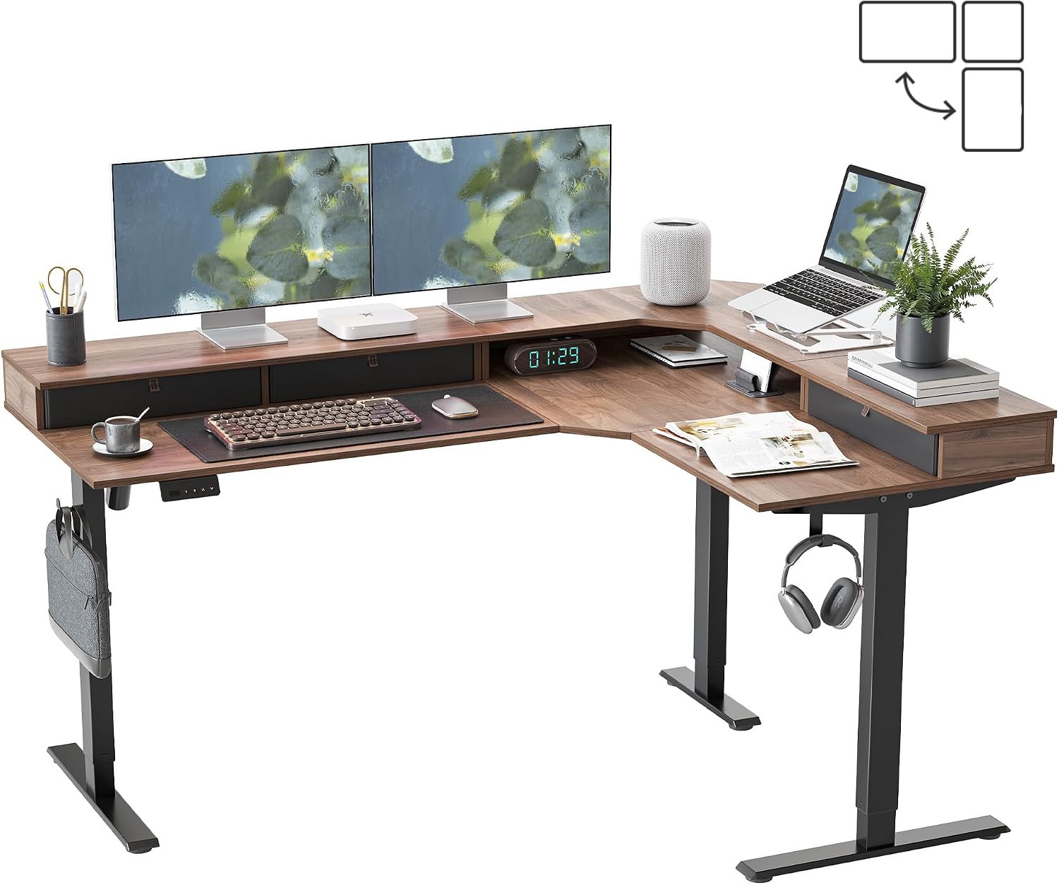 FEZIBO L Shaped Electric Standing Desk, 63x48 inch Large with Drawers | Reversible Tabletop, 2 Memory Height Settings | Home Office & Gaming Height-Adjustable Table, Black Walnut（2 Packages）